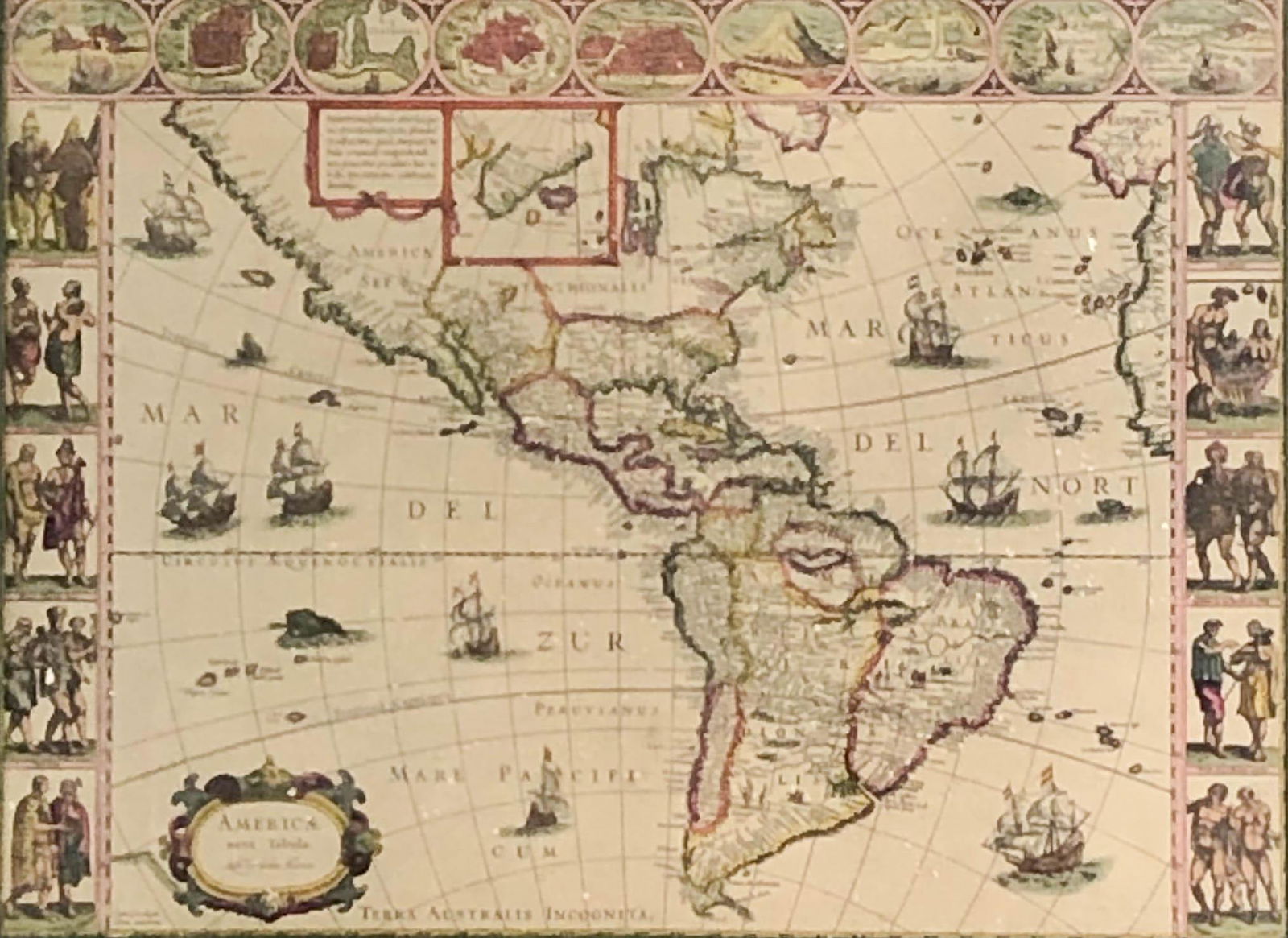 Willem Blaeu 17C. Antique Map of the Americas: Antique map of the Western hemisphere. Americae Nova Tabula by Guiljelmo Blaeuw (Willem Blaeu), originally published c.1640. Full color engraving with panels surrounding the map featuring native figur