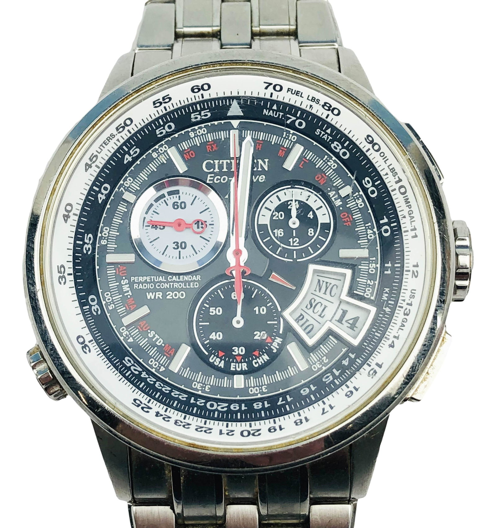 Citizen Eco Drive Radio Controlled Calendar Watch: This perpetual calendar limited edition wrist watch features a black dial, luminous hands and hour markers. Atomic timekeeping with radio controlled accuracy. Eco driving technology. Power reserve ind