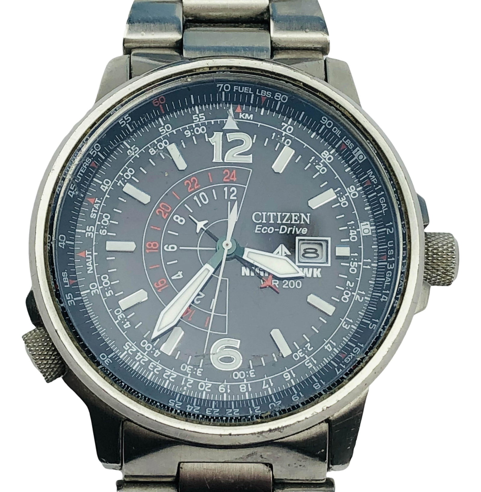 Citizen Eco Drive Promaster Nighthawk Mens Watch: Stainless steel watch featuring date window at the 3 o'clock position, dual time display and pilot's slide rule inner chapter ring operated by crown at the 8 o'clock window. Also features luminous han