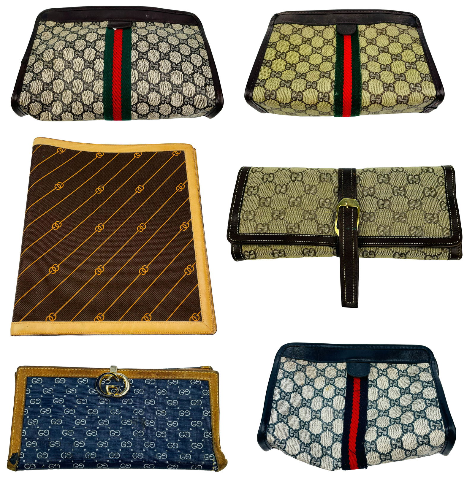 Gucci Italy GG Monogram Logo Notepad Purse 6pc LOT: Includes ~ 1 x leather and canvas address book with Gucci pen. 1 x large carry pouch. 2 x smaller carry pouches. 2 x small purses. Measure from 3 1/2" - 10 1/4" x 6 3/4" - 9". Signed ~ stamped Gucci M
