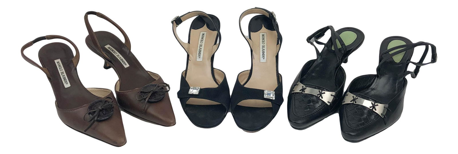 Manolo Blahnik Bottega Veneta 3 Slingback Shoes: Estate lot of (3) three pair slingback shoes. Two pairs of Manolo Blahniks and one pair of Bottega Veneta. Manolo Blahnik suede pair with crystal embellished foot strap open toed. 3" heel. Manufacture