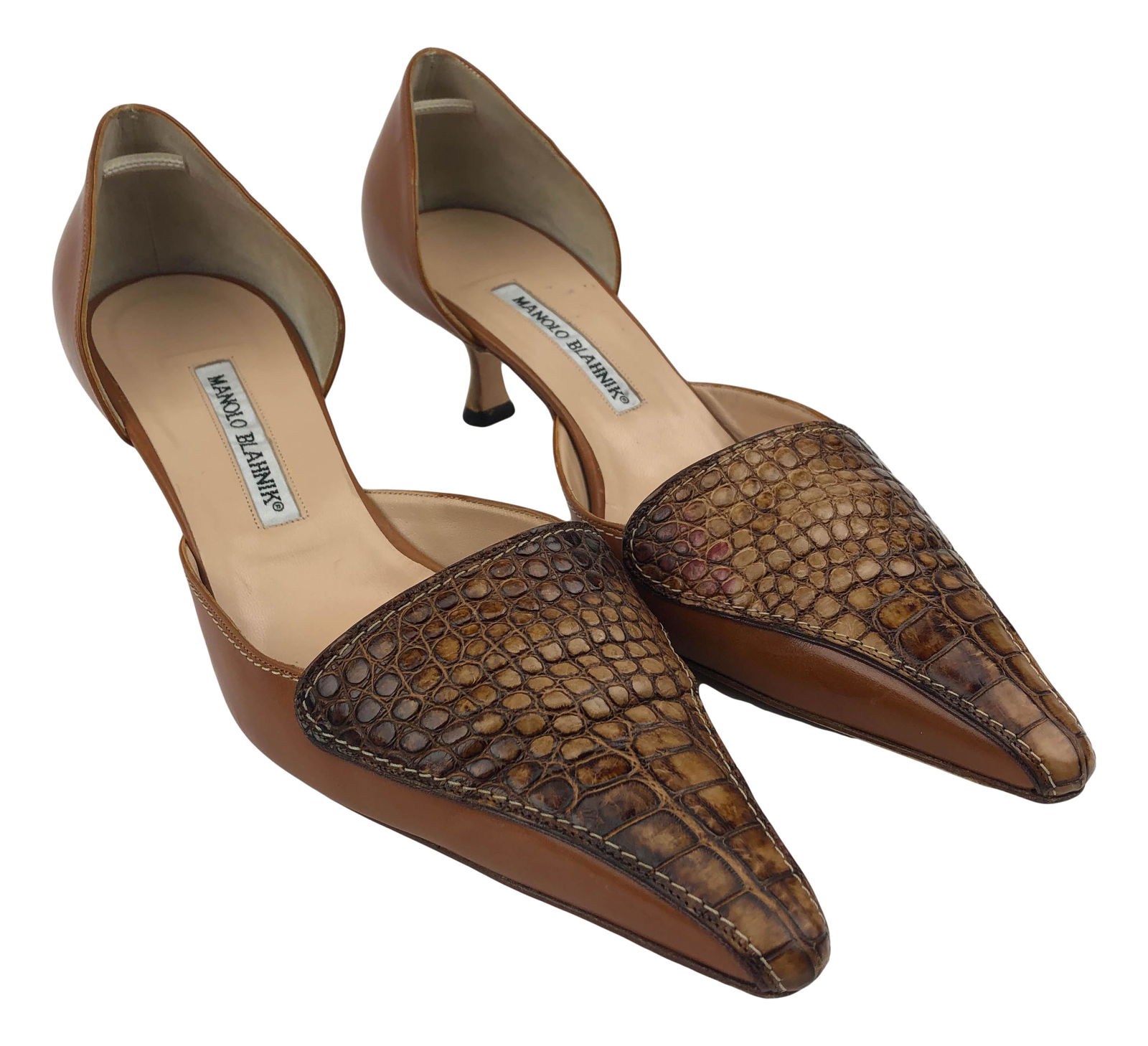 Manolo Blahnik Crocodile Leather Mule Shoes Sz 39: Manolo Blahnik crocodile leather mule shoes. Rich mustard brown heel with crocodile leather foot. Wood stacked heel and leather sole. Size 39. US womens size 8.5. 2.5" heel. Manufacturer label inside