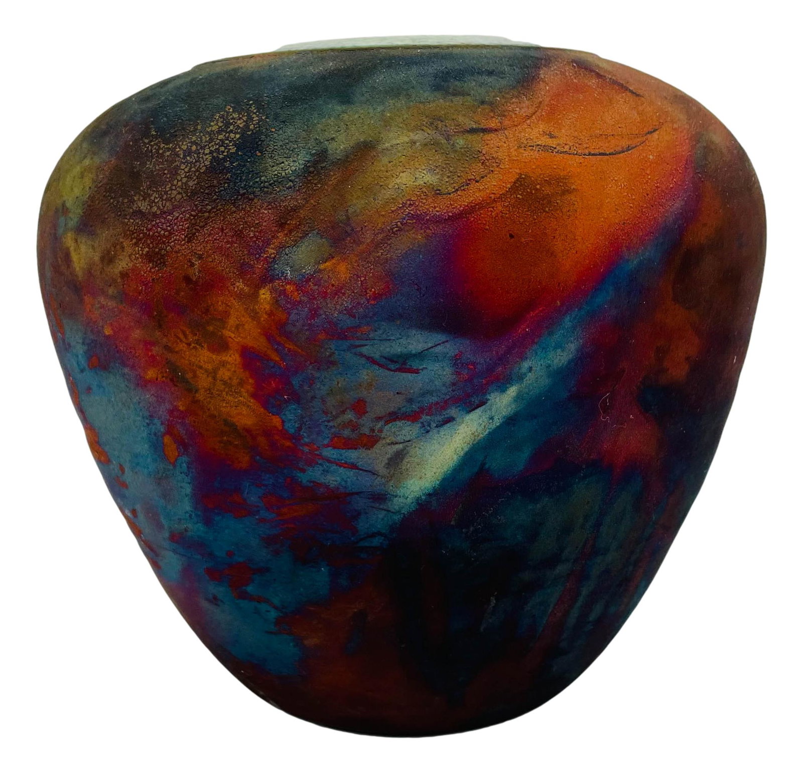 Leslie Mitchell Flash Finish Raku Art Pottery Vase: Studio handcrafted American art pottery from the last quarter of the 20th century. Modeled by Leslie Mitchell with its distinctive flash finish. Each and every article is a OOAK ( One of a kind ) crea