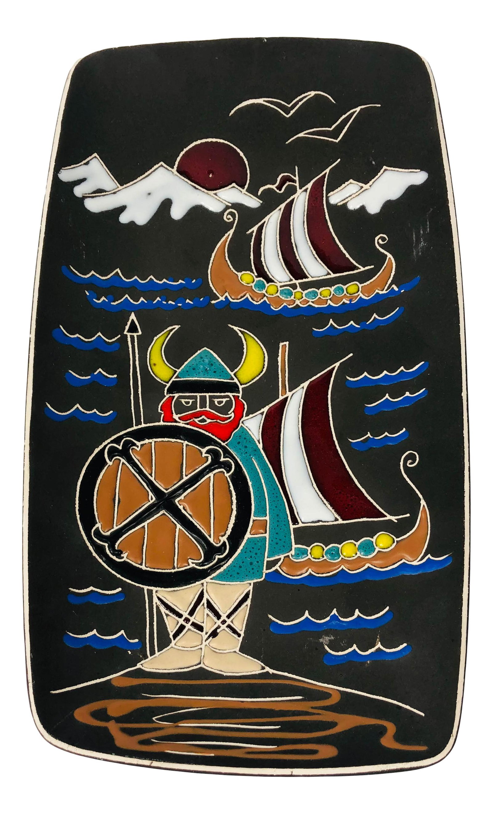 Trifa Norwegian Art Pottery Viking Serving Platter: A Trifa (Norway) Scandinavian Modern studio art pottery platter. Oblong rectangular form dish with figural Viking and longships, with birds and sea landscape background, produced in a whimsical design