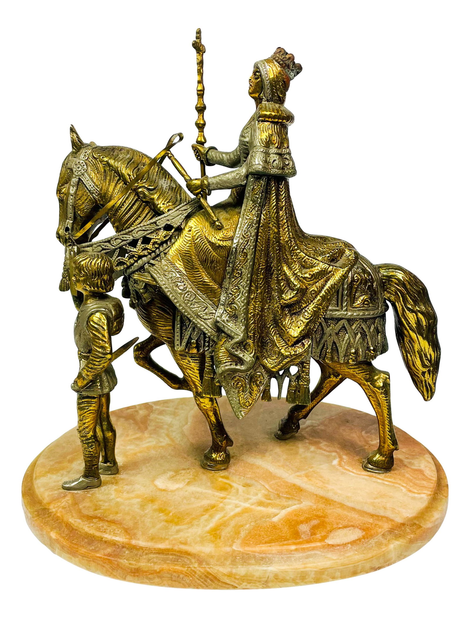 Bronze Renaissance Queen on Horse w Page Sculpture: 20th century handcrafted bronze Spanish sculpture. Depicts a Renaissance Queen sitting side saddle, wielding a ceremonial crucifix cross, being lead by a young page dressed in period garb. Mounted ato