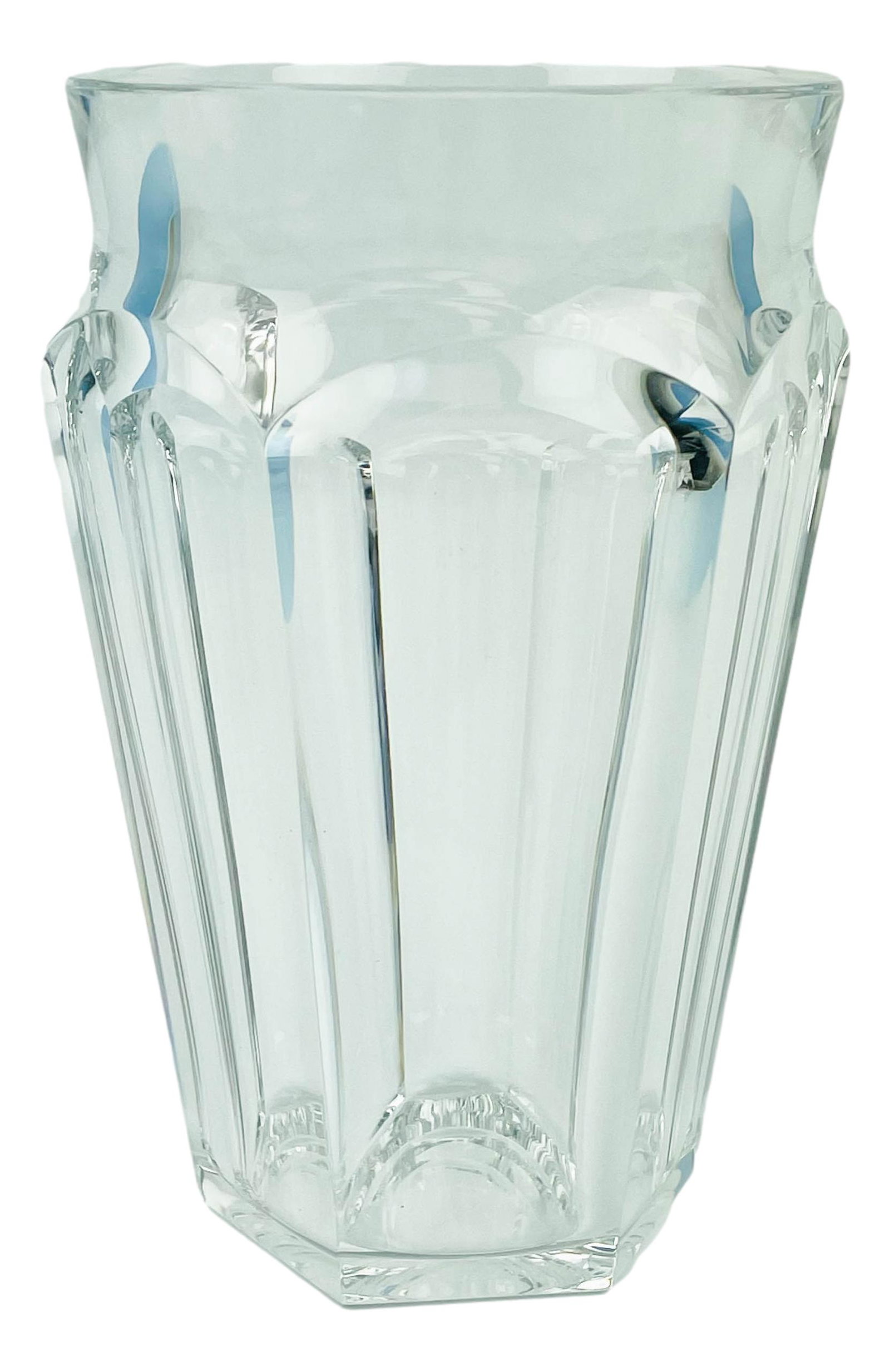 Baccarat Crystal Tallyrand Art Glass Flower Vase: French clear crystal art glass shelf mantle display vase. Modeled in the Tallyrand pattern by Baccarat. Production years : 1937 - 1970. Graced with cut panels around the body. Signed ~ stamped with th
