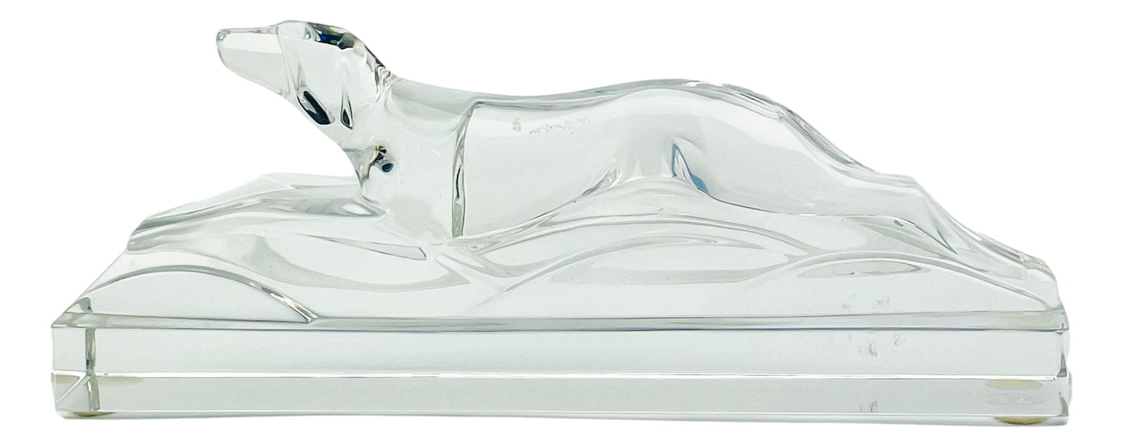 Baccarat French Crystal Greyhound dog Sculpture: A Baccarat French crystal greyhound dog figural paperweight statue. Abstract modernist design in clear glass. Etched signed to underside BACCARAT FRANCE. Accompanied by original red BACCARAT gift box.