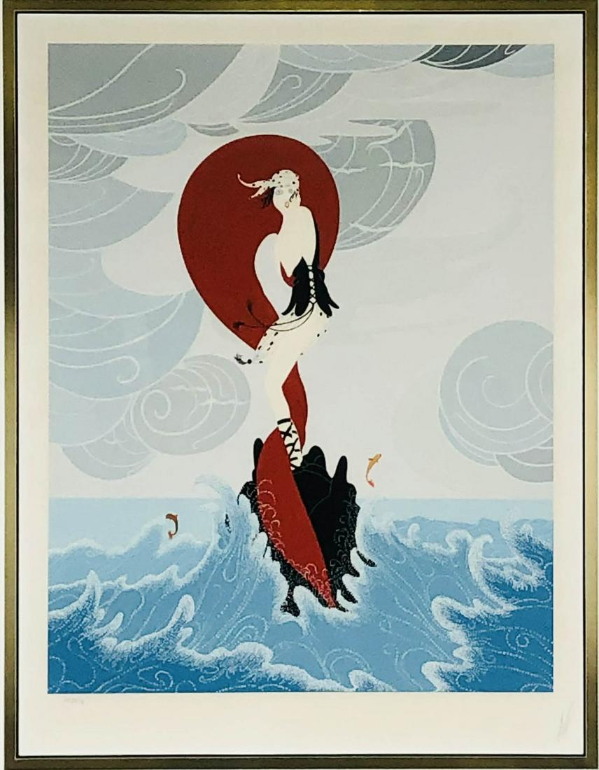 Erte Stranded Art Deco LE Lithograph Hand Signed: Titled : Stranded. Depicts a woman in standing pose bracing herself against the oceanic waves that crash on a small rock. Pencil signed lower right with edition size number 31/75 lower left. Work Size