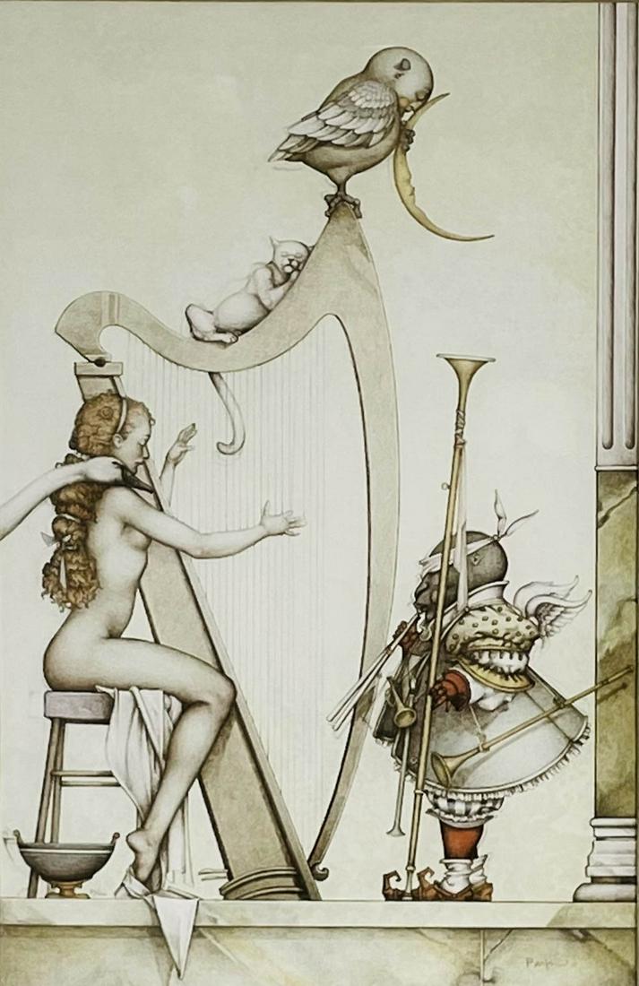 Michael Parkes Magical Realism Fantasy Lithograph: Michael Parkes (American, born 1944). Depicts a nude woman playing the harp with animals and mystical creature around her. Signed lower right with limited edition number 81/140 to lower left. Work Siz