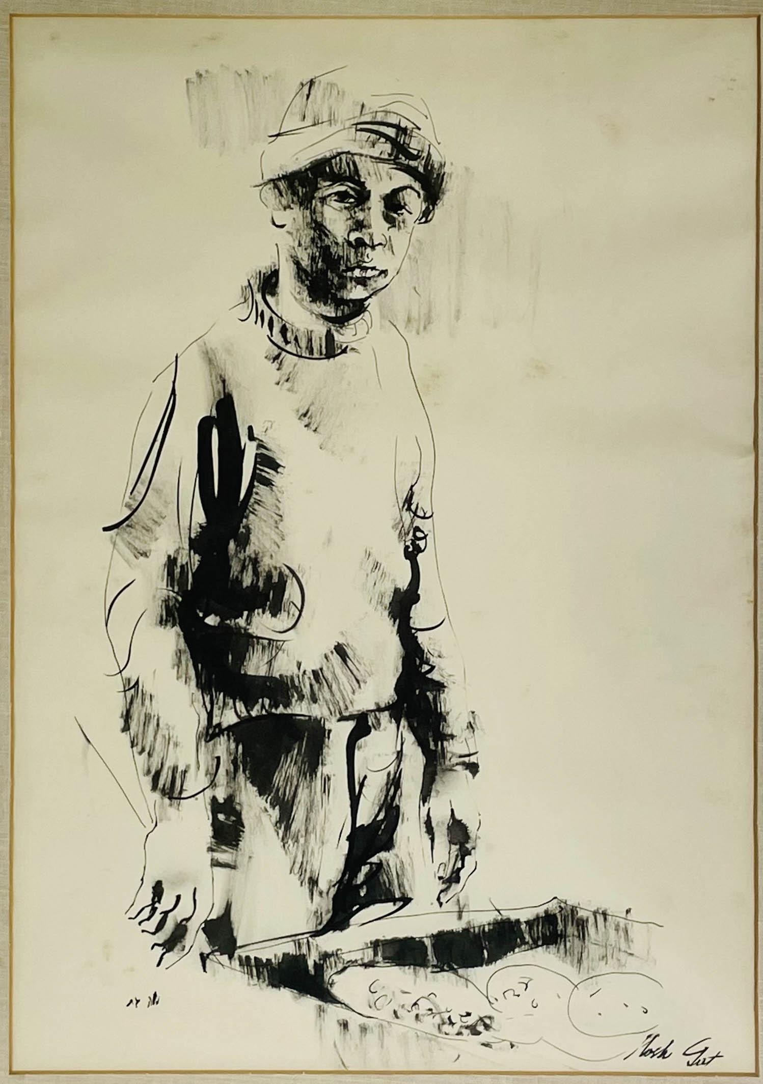 Moshe Gat (1935) Black White Figural Lithograph: Moshe Gat ( Israeli, born 1935). Subject matter depicts young boy wearing a cap in standing pose, a solemn look on his face. Signed lower left and right. Work Size: 26 x 18 in.Dimensions: 33.25 X