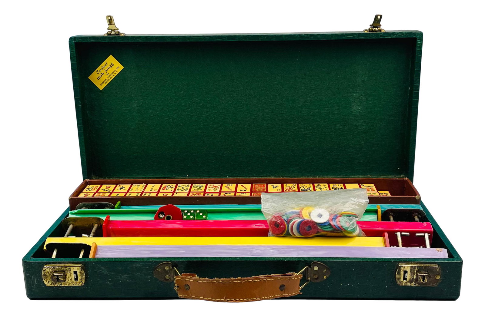 Cardinal Mahjong 162 Red & Yellow Tile Board Game: Chinese cultural art board game set comprising of a total of 162 red and yellow colored tiles, 5 plastic racks and 2 green colored dice. Housed in a green colored portable carry case. Tiles measure 1 