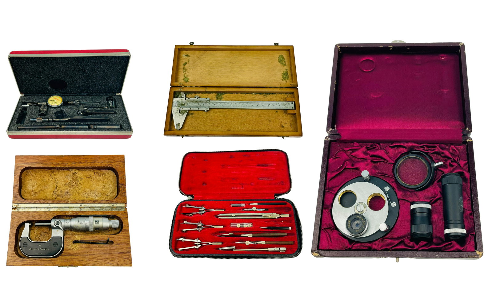 Tool and Dye Swiss Made LOT of 5 Instrument Sets: Tool and dye sets. Five estate lots of precision instruments for use in the tool and dye industry. All Swiss made by Starret, Unitron, Brown & Sharpe, Tarco, and Etalon. Instruments range from caliper