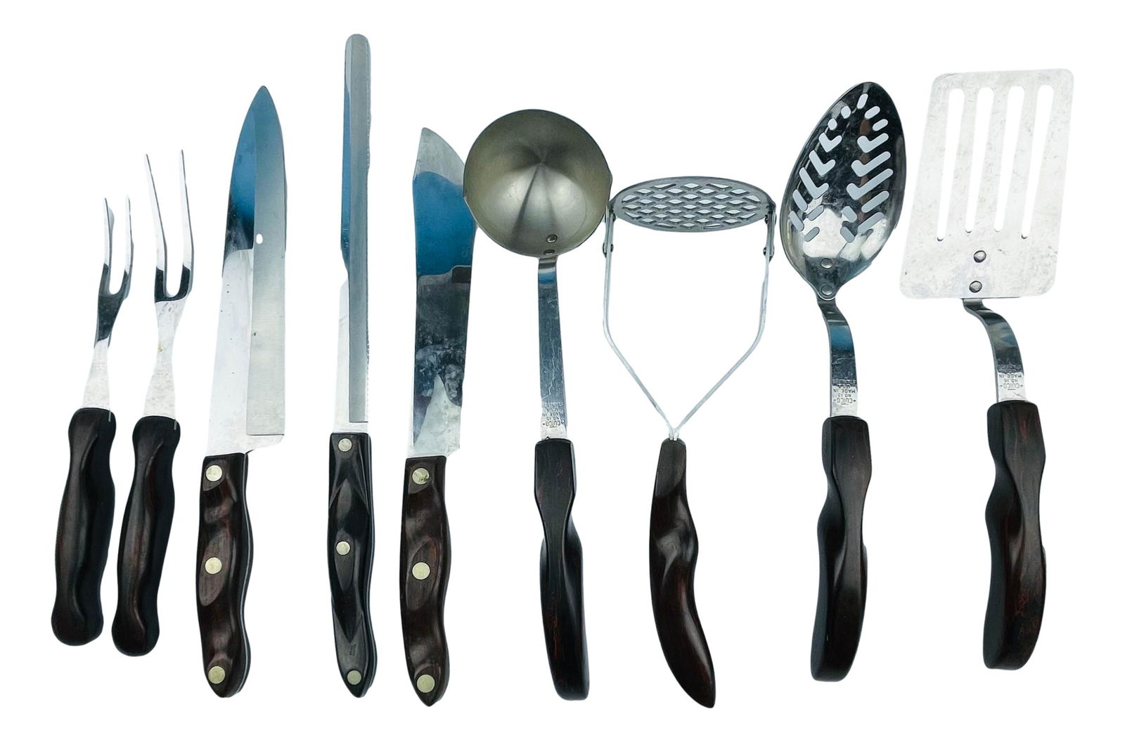 Cutco American Made Utensils Estate 9 Pcs. LOT: Cutco American made utensils. Estate lot of 9 pieces. All kitchen utensils including 3 knives, 2 meat forks, ladle, spatula, masher, and slotted spoon. Utensils come in varying sizes. Ranging from lar