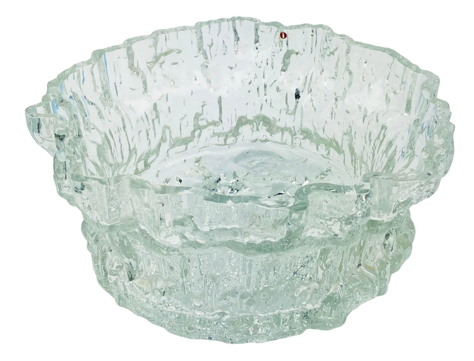 Tapio Wirkkala 1915-1985 MIRACUS Glass Centerpiece: Tapio Wirkkala (Finnish, 1915-1985). A Modernist studio art glass centerpiece, designed 1968 for Iittala Glasbruks. A Finnish Modern bowl in the MIRACUS pattern, with Brutalist style cracked ice desig