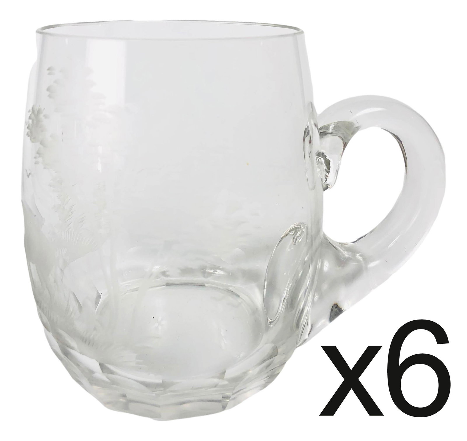 Queen Lace Crystal Set of 6 Kenyan Wildlife Mugs: Crafted of fine quality German crystal. Features copper wheel engraved designs in the Kenyan Wildlife series. A few of the images have been retired and are no longer produced. Each fluted mug engraved