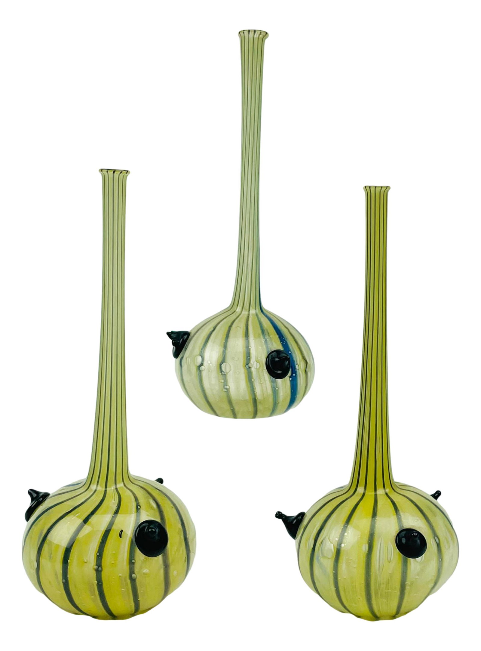 Bimini Vienna Austria Blown Glass Bud Vase 3p LOT: 20th century European origin studio hand blown shelf mantle bud flower glass vases. Designed with a warm nature inspired form having a vertical striped design and applied black prunts. Very light weig