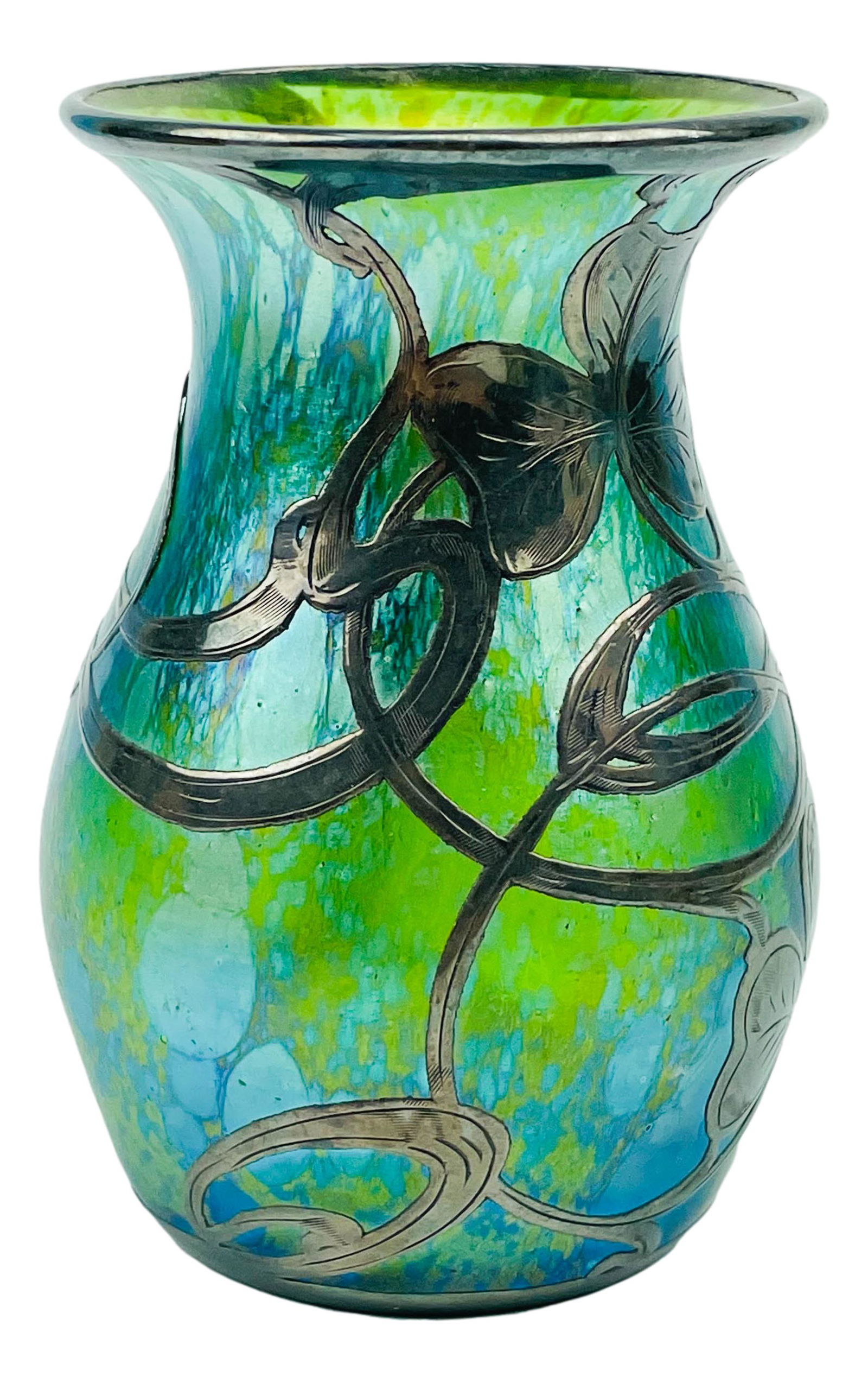 Art Nouveau Sterling Overlay Iridescent Glass Vase (1 of 5)