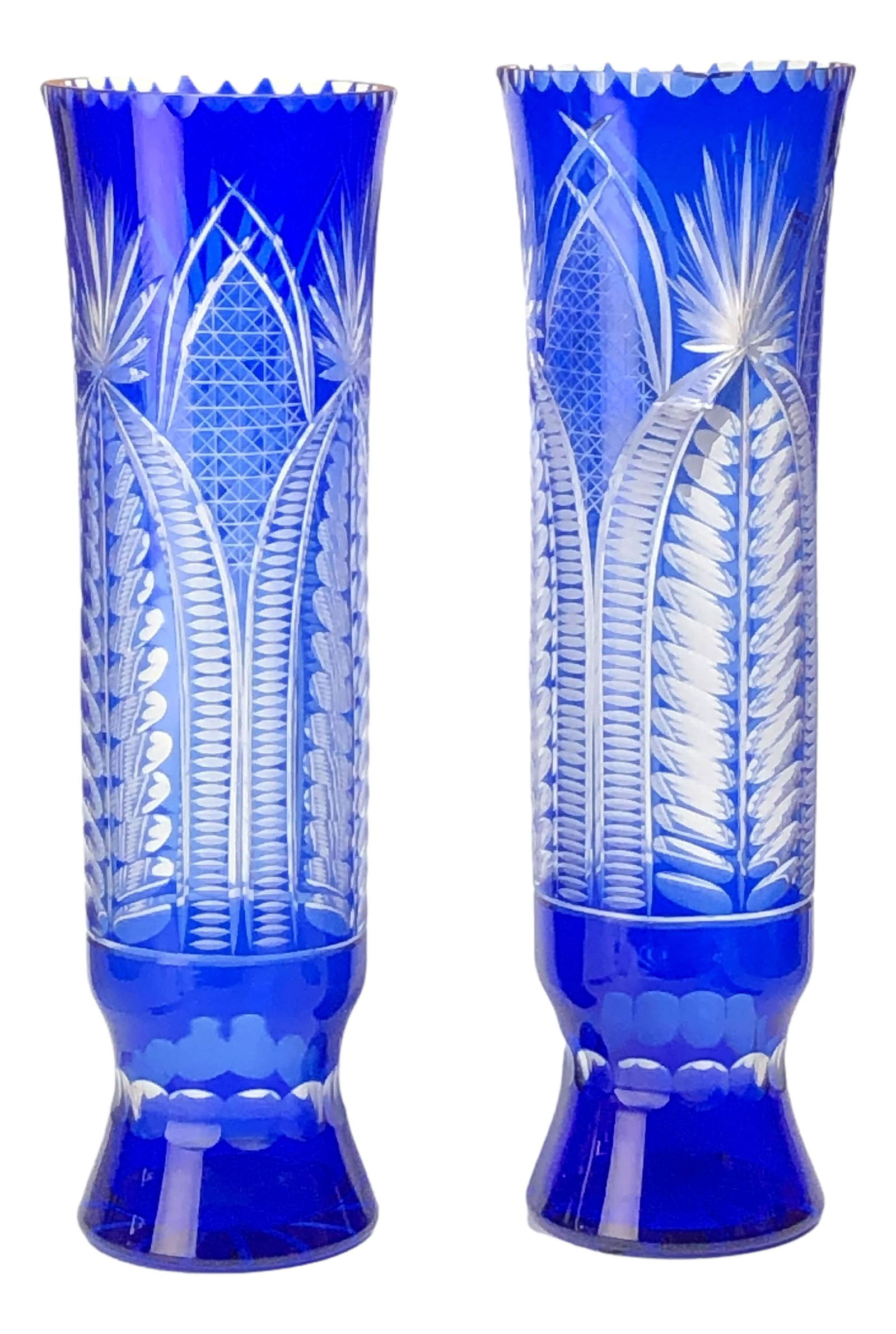 Bohemian Czech Crystal Blue Cut Clear 19" Vase x 2 (1 of 6)