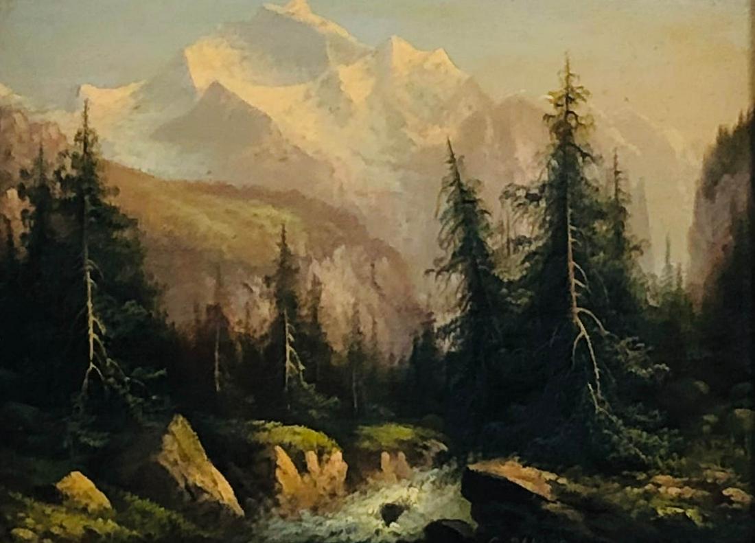 G Bahler Mountain River Landscape Oil Painting: 20th century oil on board framed painting by artist G. Bahler. Features a wooded landscape with a river, tall pine cone trees and white capped mountains against a blue sky. Signed G. Bahler. Work Size