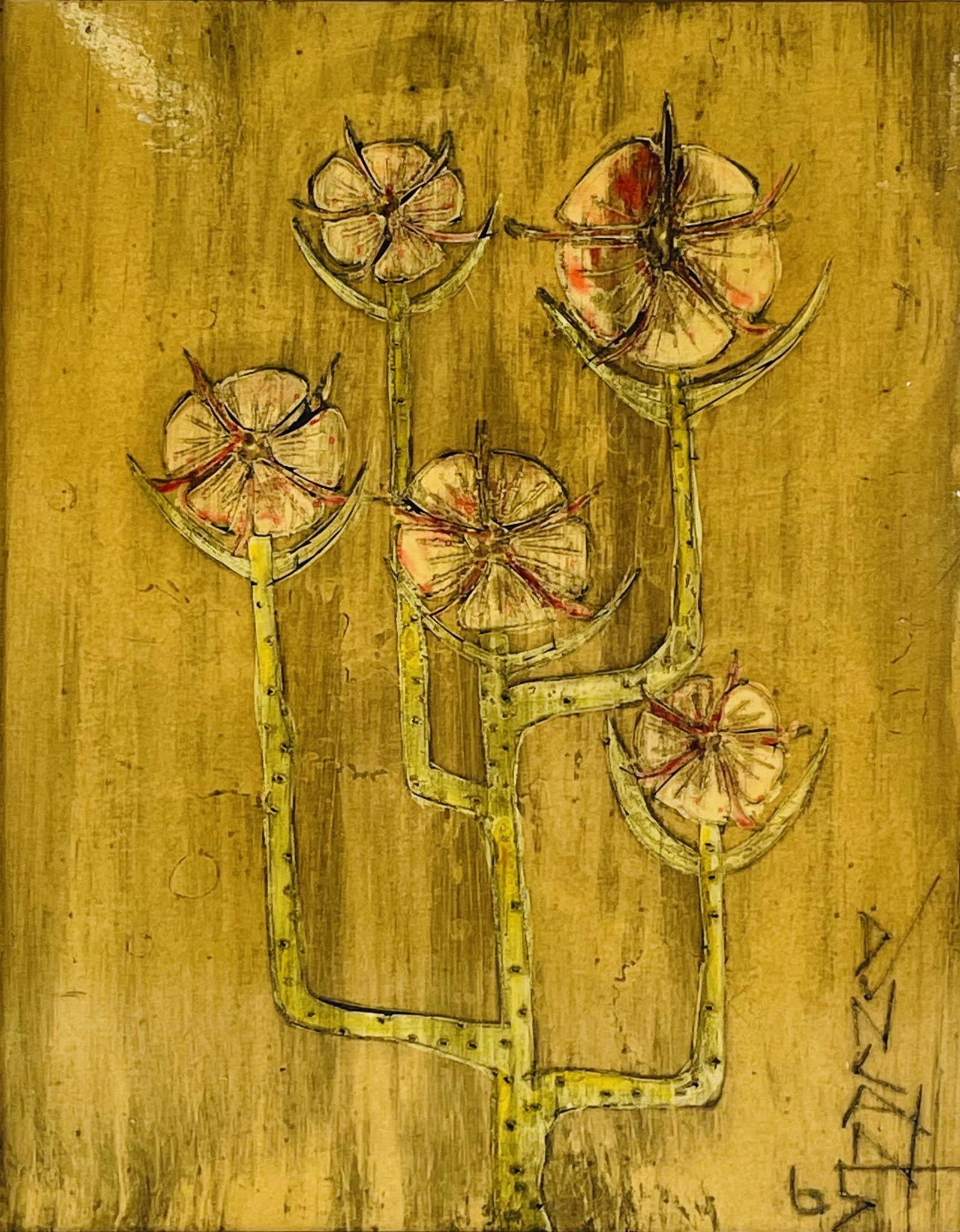 Peter Duncan 20thC Mixed Media Floral Oil Painting: Peter Duncan ( American, 1946) mixed media framed oil painting titled "Five Flowers". Signed lower left and dated '65. Inscribed and titled with artist name on verso. Work Size: 19.25 x 15.25 in. Dime