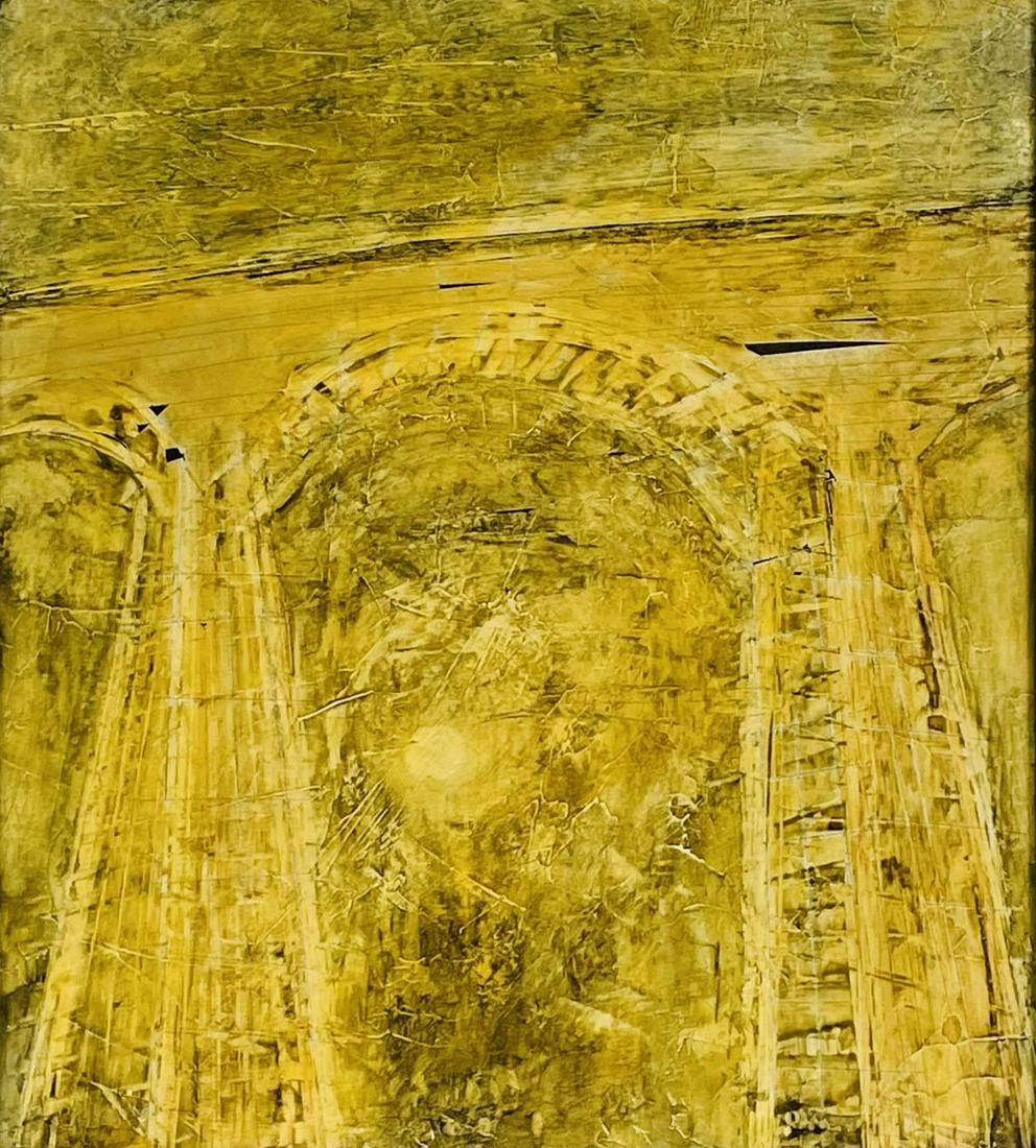 Peter Duncan (1946) Mixed Media Art Oil Painting: Peter Duncan ( American, 1946) mixed media framed oil painting titled "Archways" and dated 1965. Signed on verso with artist information and other relevant text. Work Size: 19.5 x 17.5 in. Dimensions:
