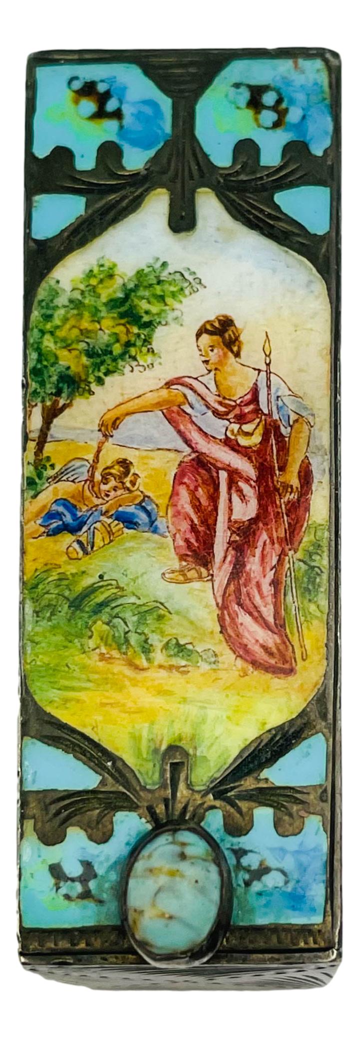 800 Silver Enamel Maiden Cherub Lipstick Box Case: 20th century .800 continental silver floral scroll etched lipstick case. A painted enameled maiden with cherub scene graces the front. Turquoise cabochon clasp holds the hinged mirror within which ope