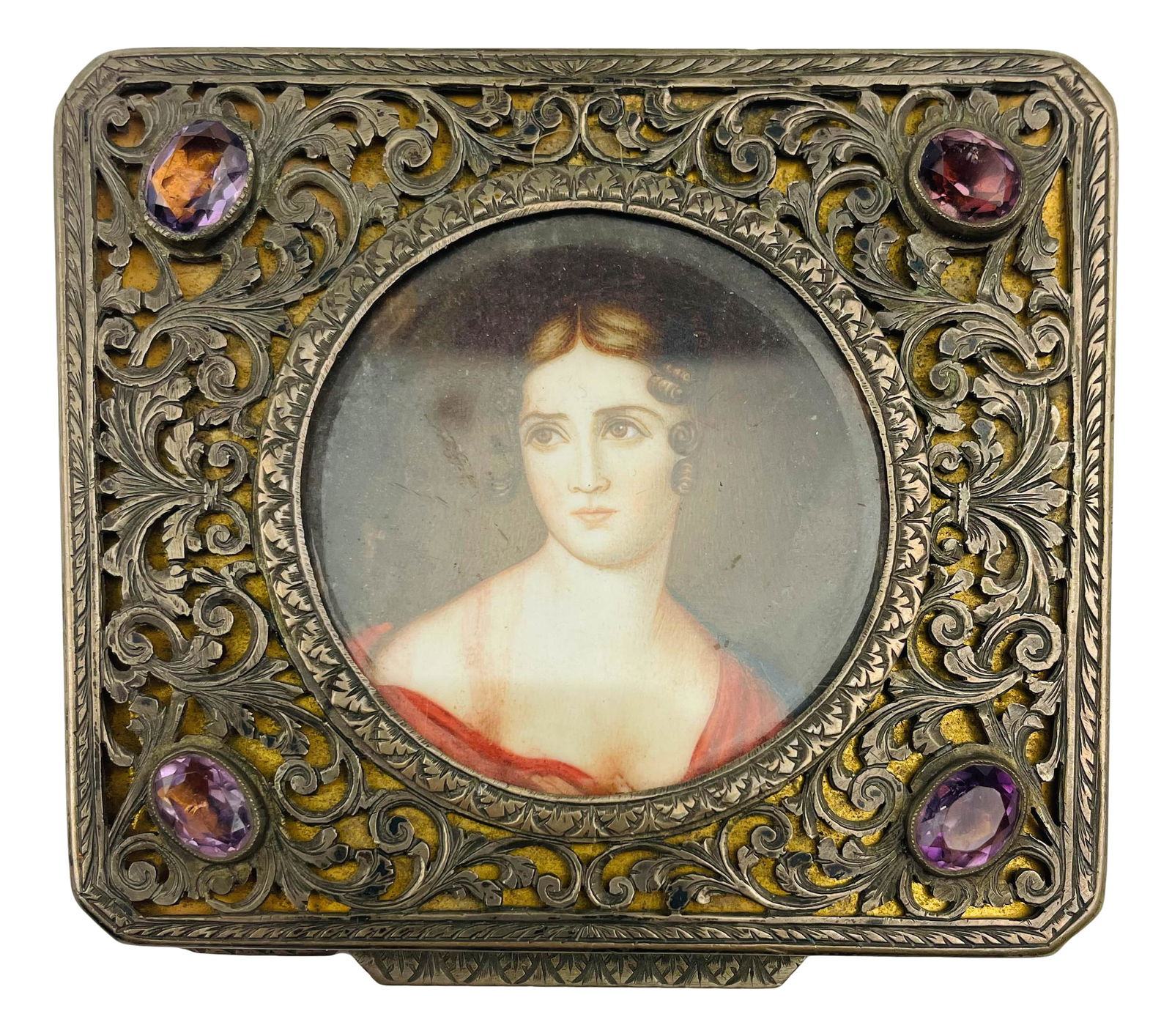 800 Silver Maiden Portrait Amethyst Mirror Compact (1 of 3)
