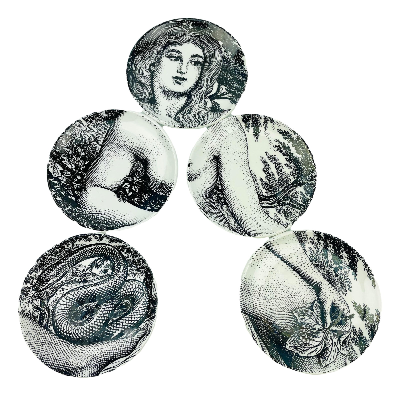 Piero Fornasetti 1913-1988 Adam Eve Drink Coasters: Piero Fornasetti (Italian, 1913-1988). Set of five Adam and Eve pottery drink coasters. Italian made pottery with transferware scenes. Labeled on back with manufacturer marks and titles. Housed in ori