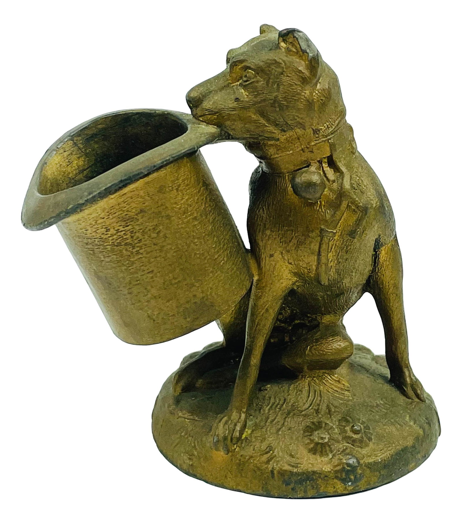 Gilt Spelter K9 Dog w/Top Hat Match Holder Striker: 20th century gilt spelter / pot metal figural animal match holder with striker. Features a reclining dog holding a top hat in its mouth. Retains its patina. Measures 3 3/4" x 4". No apparent markings 