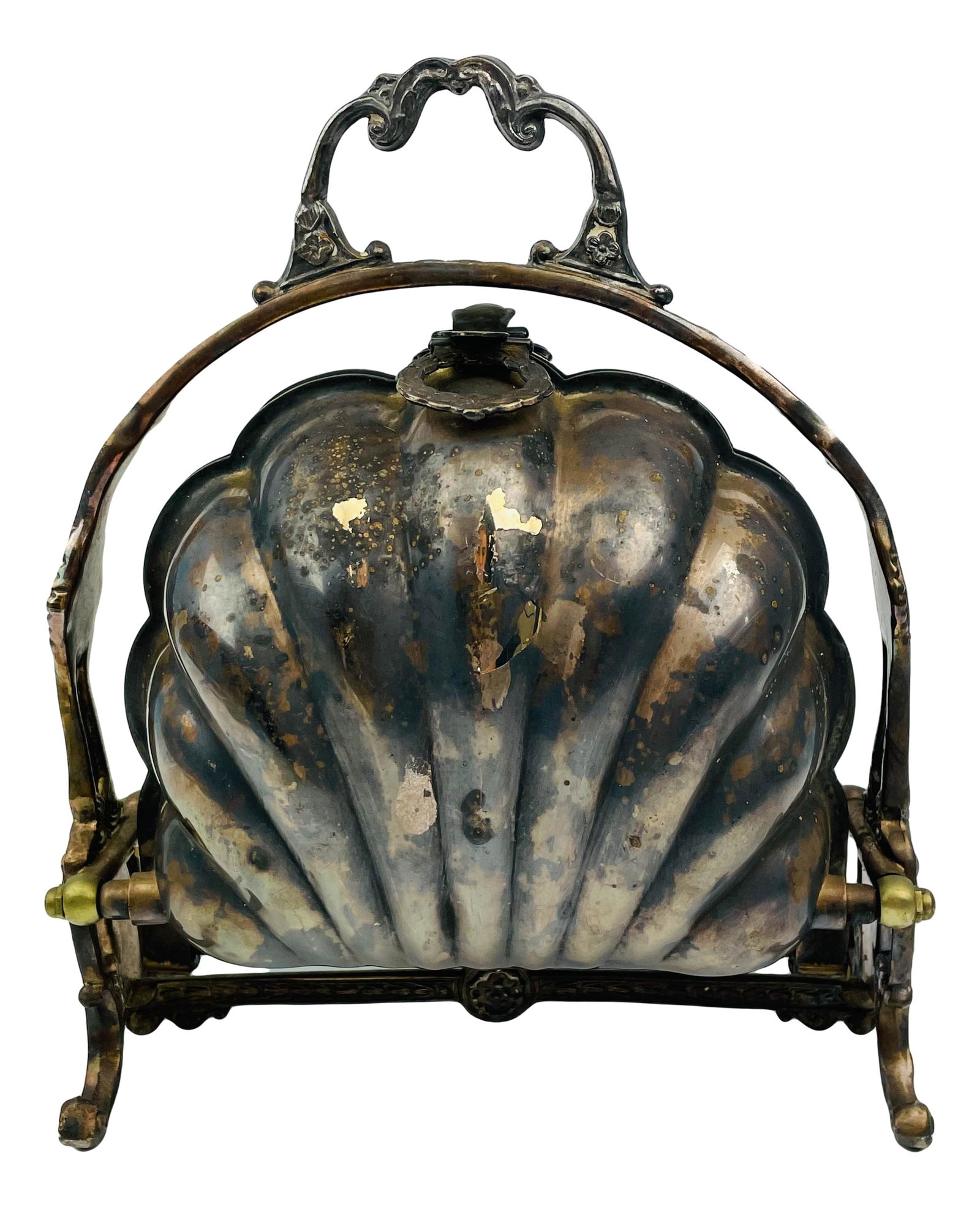 Antique Rogers Silver Plate Breakfast Bun Warmer: Early 20th century silver plated breakfast bun warmer. The shell shaped body with a segmented design on opposite sides. Interior with reticulated grills which open into the chamber of the shell. Mount