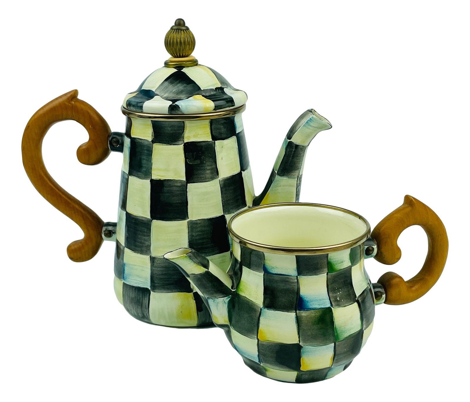 Mackenzie Childs Courtly Check Coffee Pot Creamer: Includes ~ 1 x lidded coffee pot and 1 x open creamer. Both modeled in the Courtly Check pattern with black and white enameled checkered pattern. Both graced with sturdy wood handles. Measure from 3 3