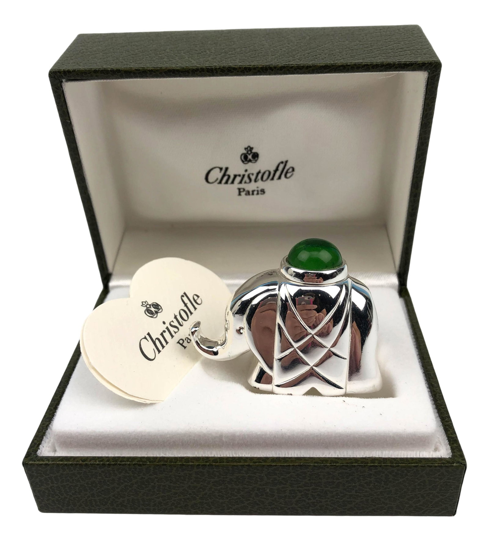 Christofle Silver Plate Elephant Paperweight w Box: Retired Christofle French silver plate Lumiere collection elephant with green cabochon library desk paperweight. Presented in its original hardcover box. Signed ~ stamped Christofle with hallmark. Dim