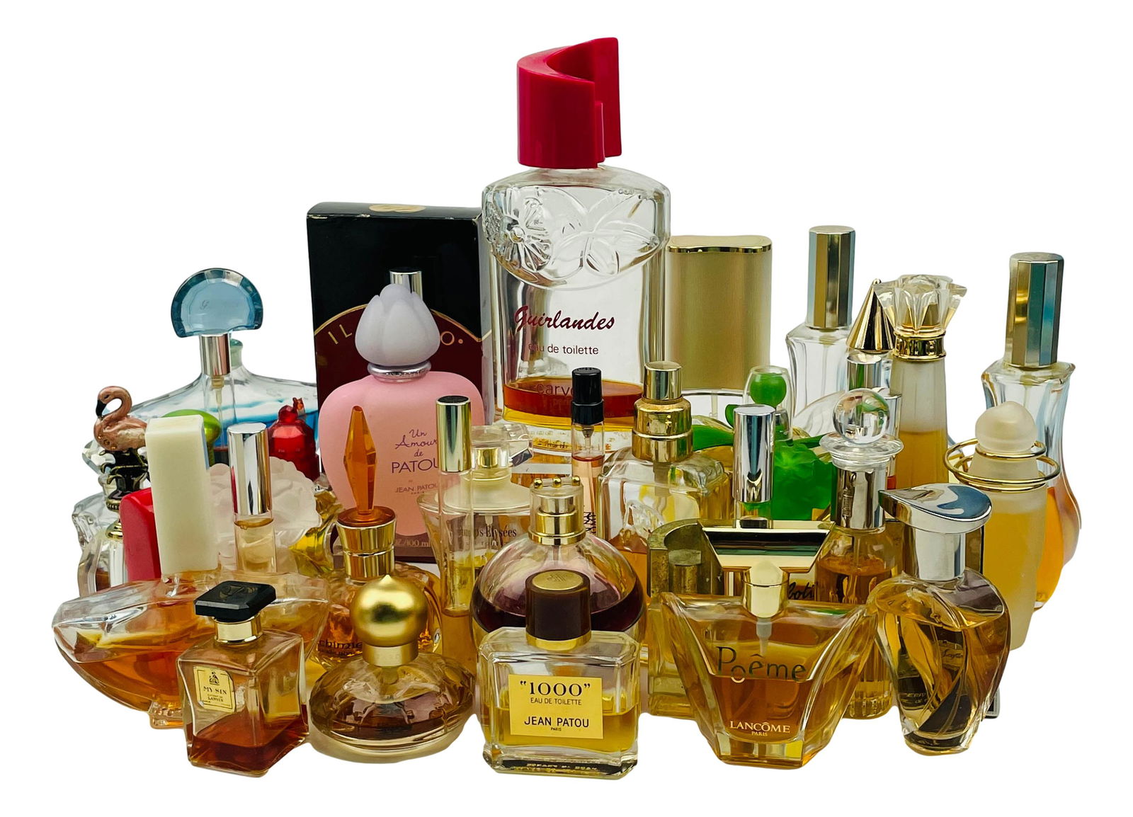 Estate Collection Scent Perfume Bottle 41 pc LOT: Names include Jean Patou, Chanel, Lanvin. Elizabeth Arden, Carven, Natori, Guerlain, Chopard, Cabochard, Estee Lauder, Betsey Johnson amongst others. Some are partially fully, some are half full and s