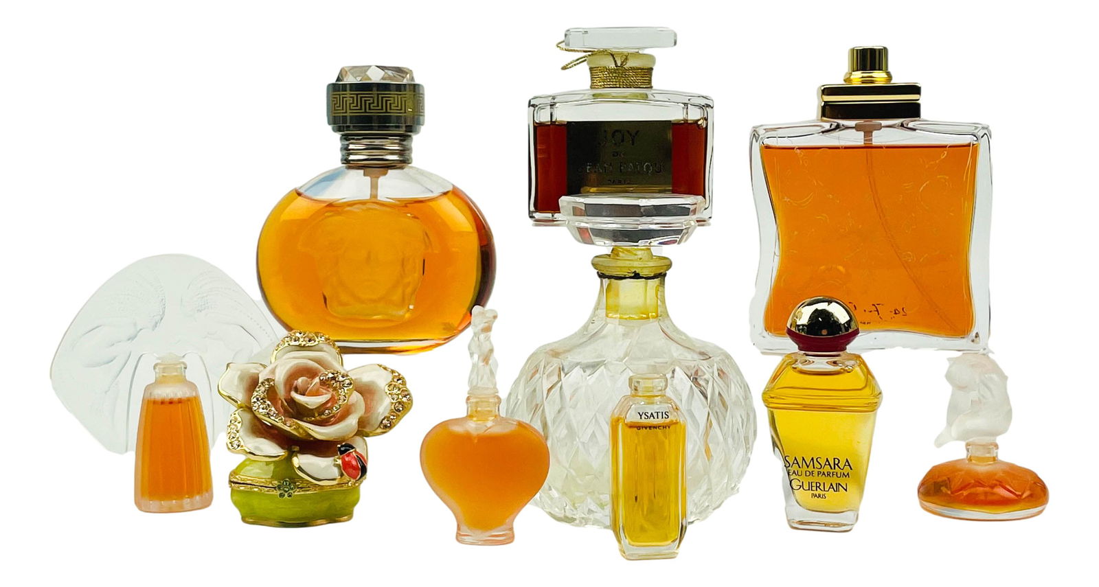 Assorted Mini Perfume Scent Glass Bottle 10pc LOT: Includes ~ Joy De Jean Patou 1 fl oz. 1 x Blonde Versace perfume 1.6 fl oz. 1 x Hermes Faubourg 1.6 fl oz. 1 x Nina Ricci Capricci ( Empty bottle ). 5 x mini bottles ( Givenchy, 3 x Lalique with plast