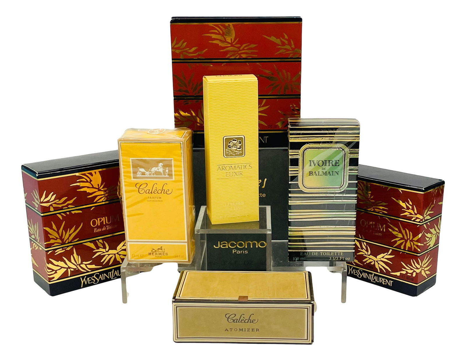 Yves St Laurent Jacomo Hermes Perfume Bottle 8pc: Includes ~ 3 x Yves St Laurent Opium Eau De Toilette with box. 1 x Jacomo Silences parfum de toilette. 1 x Ivoire de Balmain. 1 x Caleche Atomiser ( sealed ). 1 x Caleche parfum. (sealed ). 1 x Cliniq