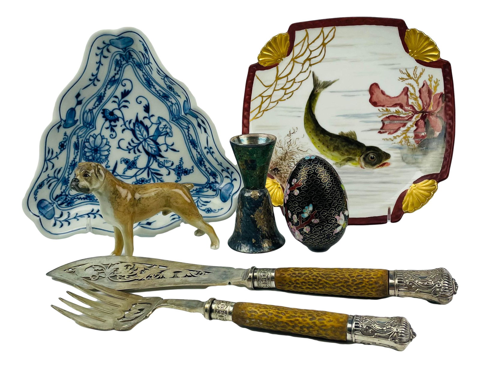 Meissen Limoges Cloisonne Silverplate 7pc LOT: Includes ~ 1 x triangular shaped Meissen blue onion porcelain bowl. 1 x TV Limoges France painted porcelain fish plate. 1 x Brankson China England boxer dog figurine. 1 x cloisonne enamel egg. 1 x Los