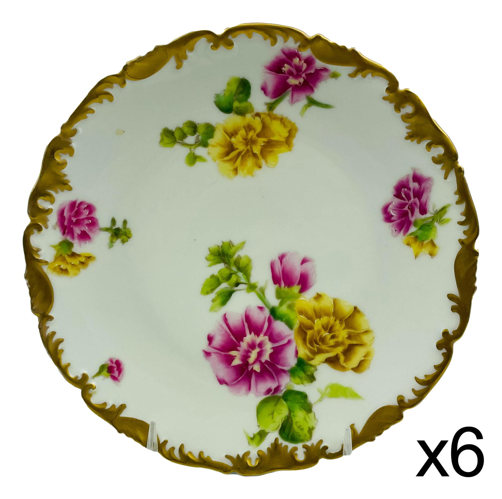 Limoges French Porcelain Painted Floral Plate 6pc: 20th century French porcelain curio cabinet decorative display plates. All graced with brightly colored spring flowers against a crisp white ground. The scalloped borders with a rich gold painted trim