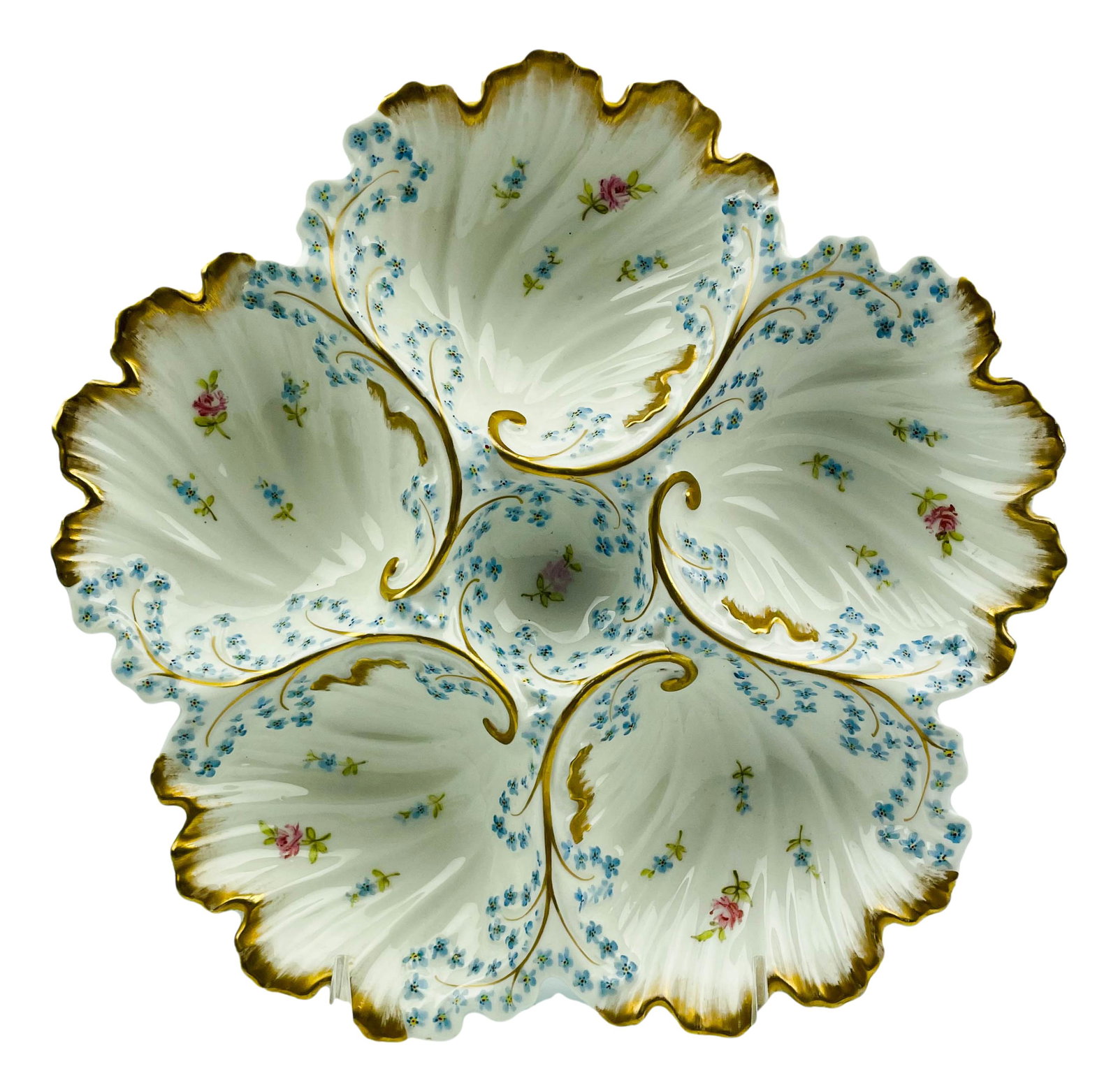 Limoges French Porcelain Rose Floral Oyster Plate: 20th century hand painted pink rose blue daisy French porcelain seafood oyster plate. Features 5 separate wells and with small central well for dipping sauce. Trimmed with a rich gold lining around th