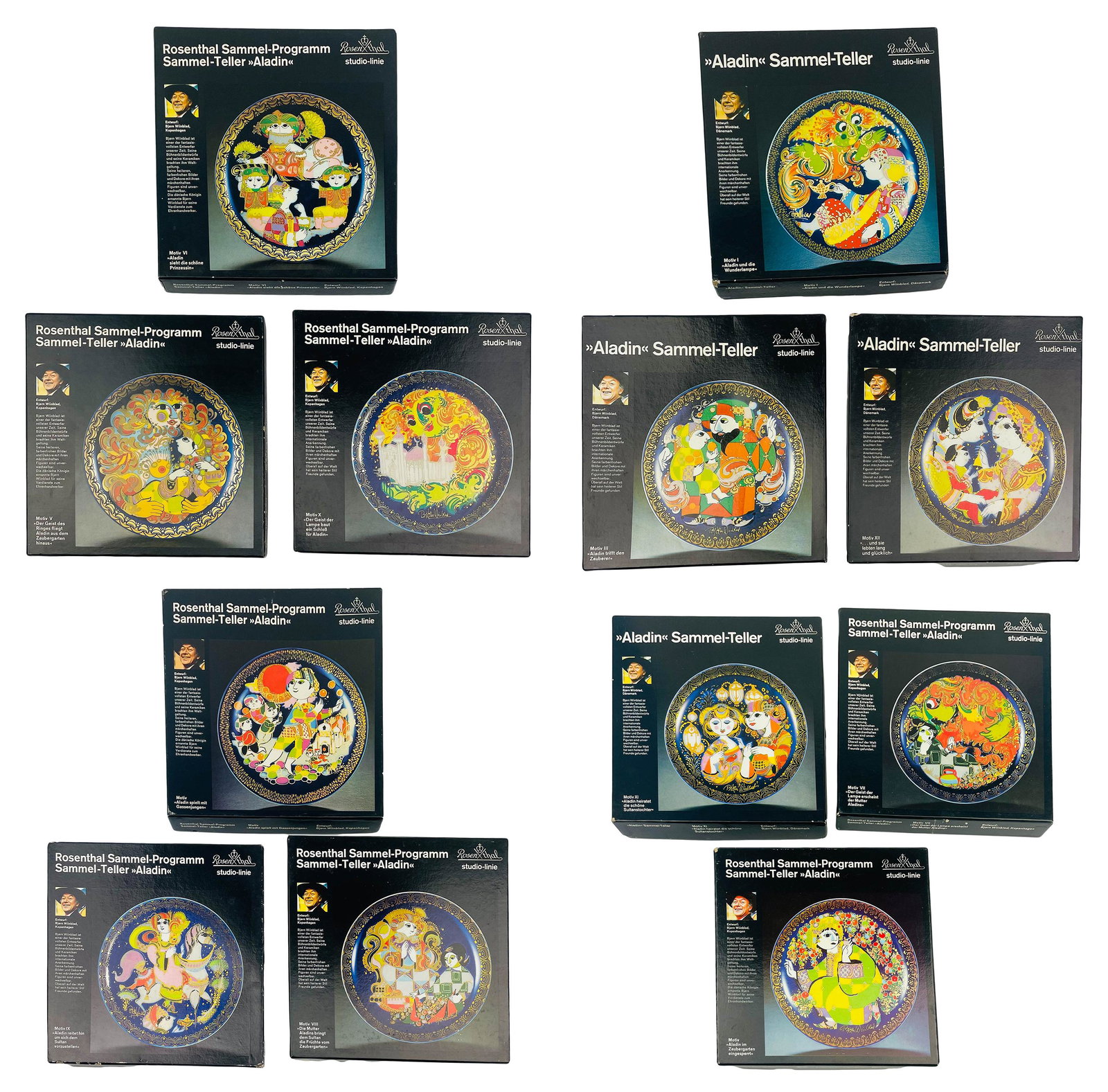 Rosenthal Wiinblad Aladdin Magic Lamp 12 Plate LOT: 1990's set of 12 porcelain wall plates designed for Rosenthal by multi talented and celebrated Danish artist and sculptor, Bjorn Wiinblad ( 1918 - 2006 ). Plates are titled "Aladdin and the Magic Lamp
