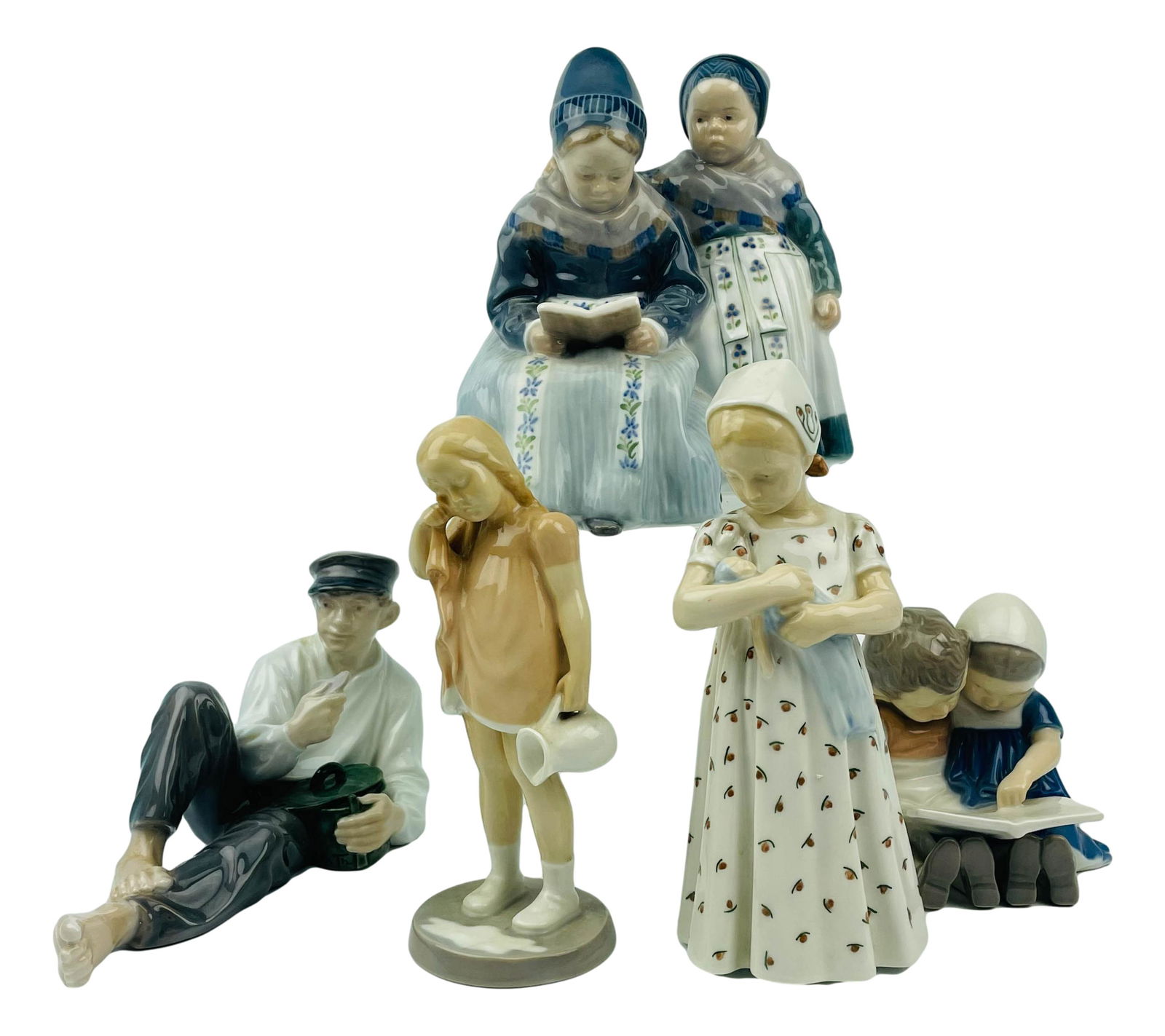 Royal Copenhagen & Bing Grondahl Figurine 5pc LOT: Includes the following Bing & Grondahl figurines . 1 x Children Reading #1567. 1 x Girl Holding Doll, Both designed by Ingeborg Plockross Irminger. 1 x Spilt Milk #2246. Designed by Claire Weiss. 1 x