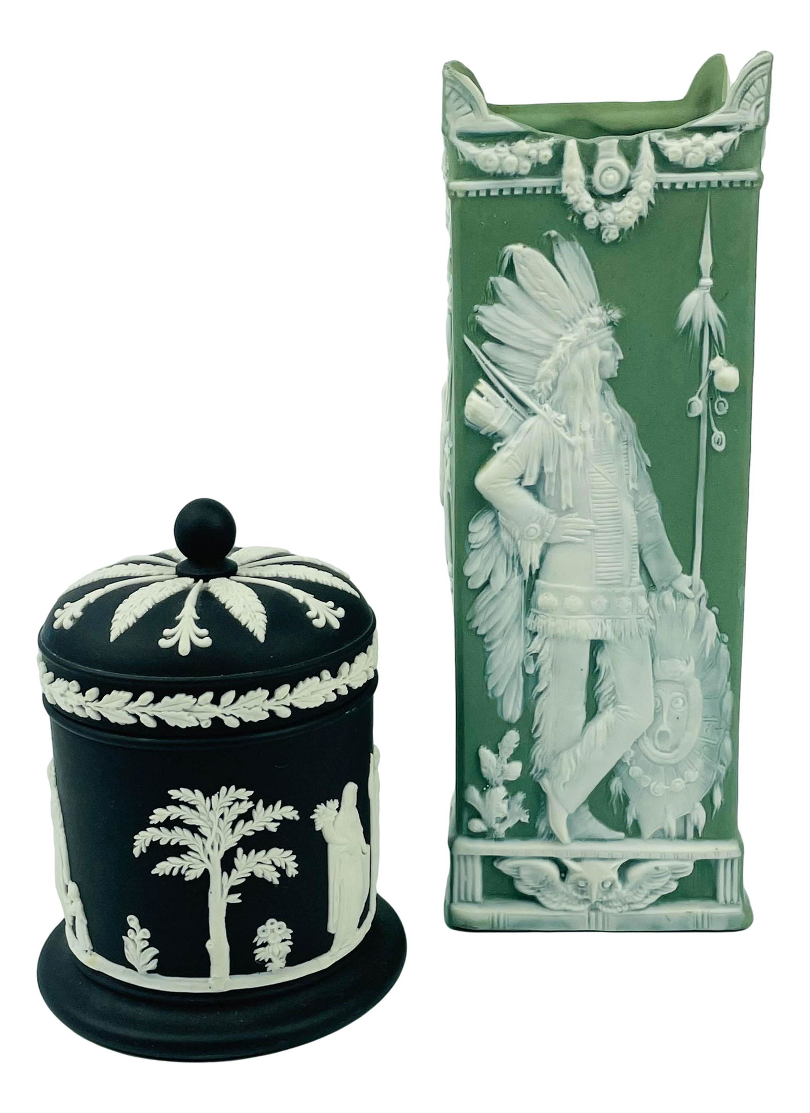 Wedgwood Black Jasperware Box & Schafer Vater Vase: Includes ~ 1 x late 19th early 20th century Shafer & Vater sage green bisque vase with raised relief Native American Indian Chief and coat of arms decorations on opposite side. 1 x Wedgwood Black Jasp
