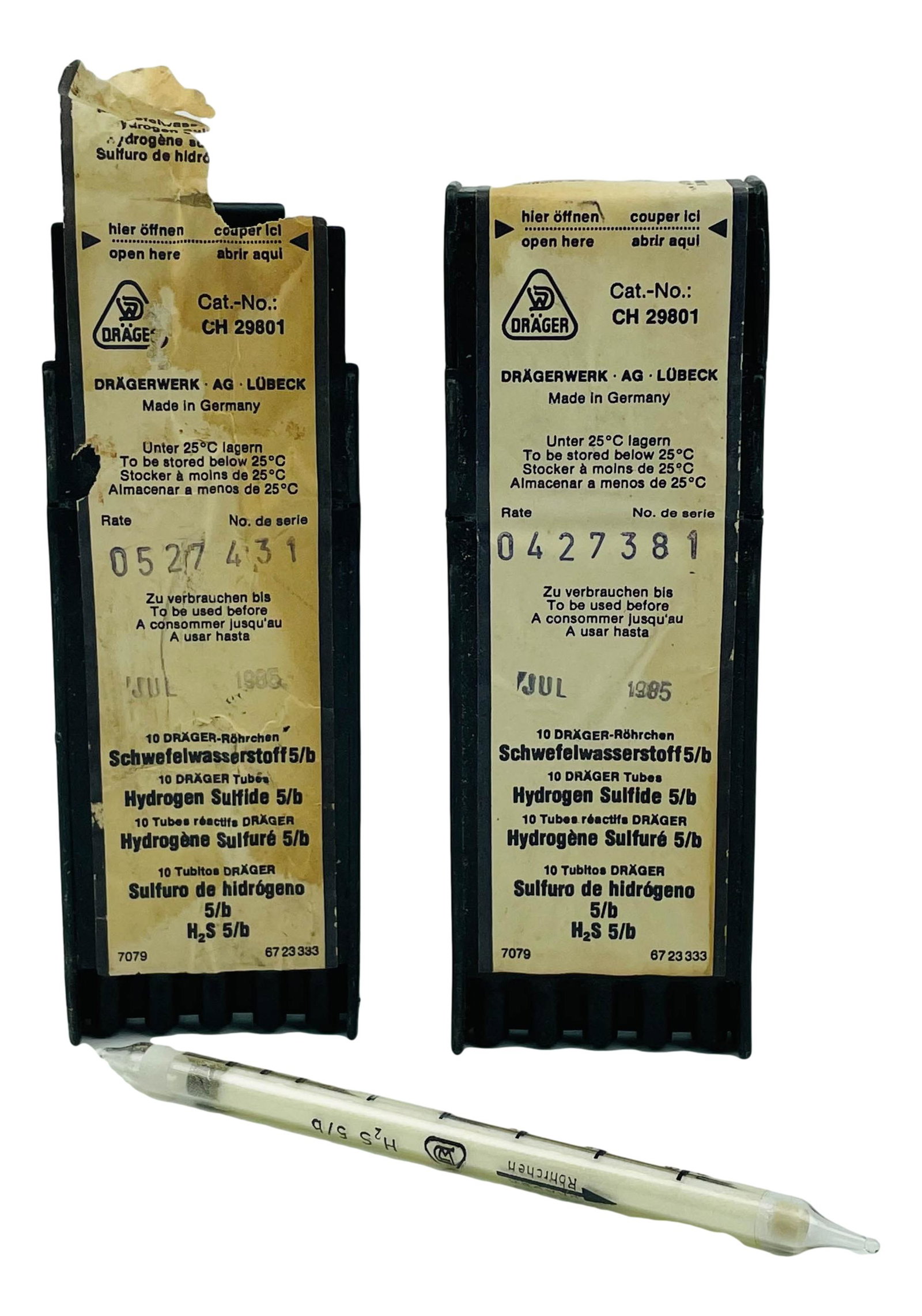 NASA Apollo Mission Drager Hydrogen Sulfide Tubes: NASA (American) US Space program. Includes two 10 packs of Drager Hydrogen Sulfide tubes produced for the Apollo Program GSE ( Ground Support Equipment ). Circa 1960's. Acquired from the estate of Cha