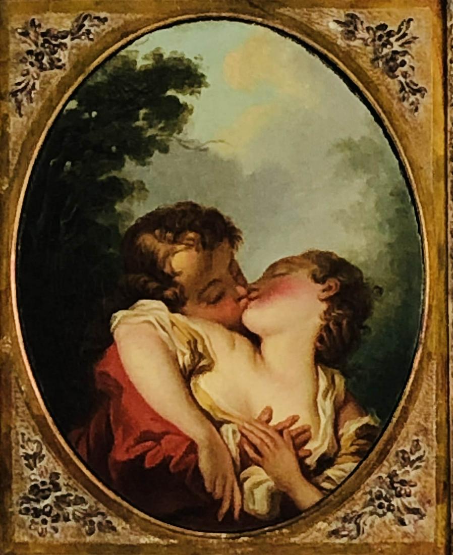 Antique Neoclassical Lovers Scene Oil Painting: This antique oil on canvas painting depicts lovers engaged in a passionate kiss. Art work presented in an ornate and lavish raised relief gold tone frame. Work Size: 15.75 x 12.75 in. Dimensions: 25