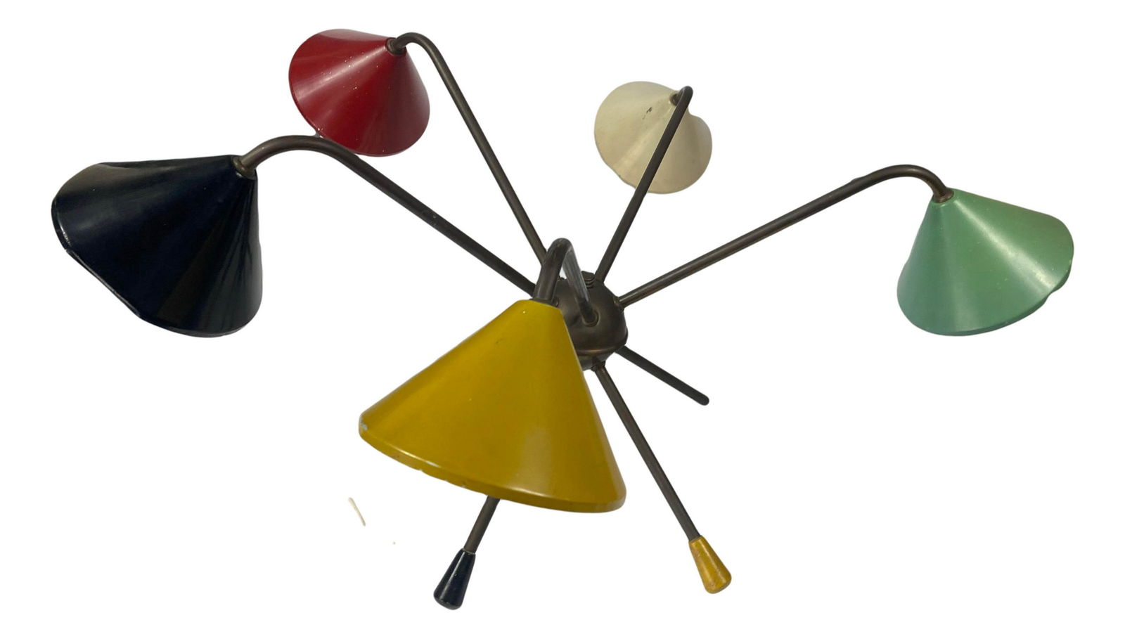 Angelo Lelli Italian MCM Atomic Hanging Chandelier: Angelo Lelli Italian mid century modern 5 light hanging chandelier. Metal lamp shades in light blue, yellow, black, red and white. Brass metal arms with colored wood tip ends that match metal shades.