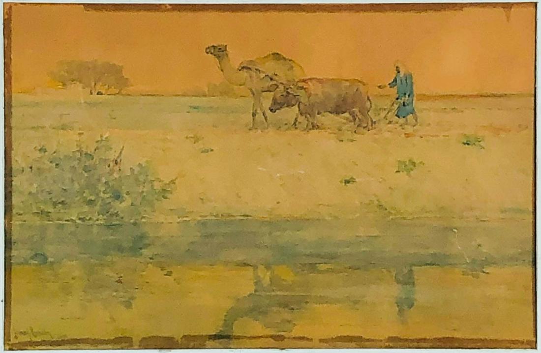 Henry Bacon (1839-1912) Orientalist Watercolor: Henry Bacon ( American, French, 1839 - 1912 ). Subject features farmer style man with a camel and a buffalo in a pasture land like setting. Being sold with NO glass. Signed lower left and dated. Work