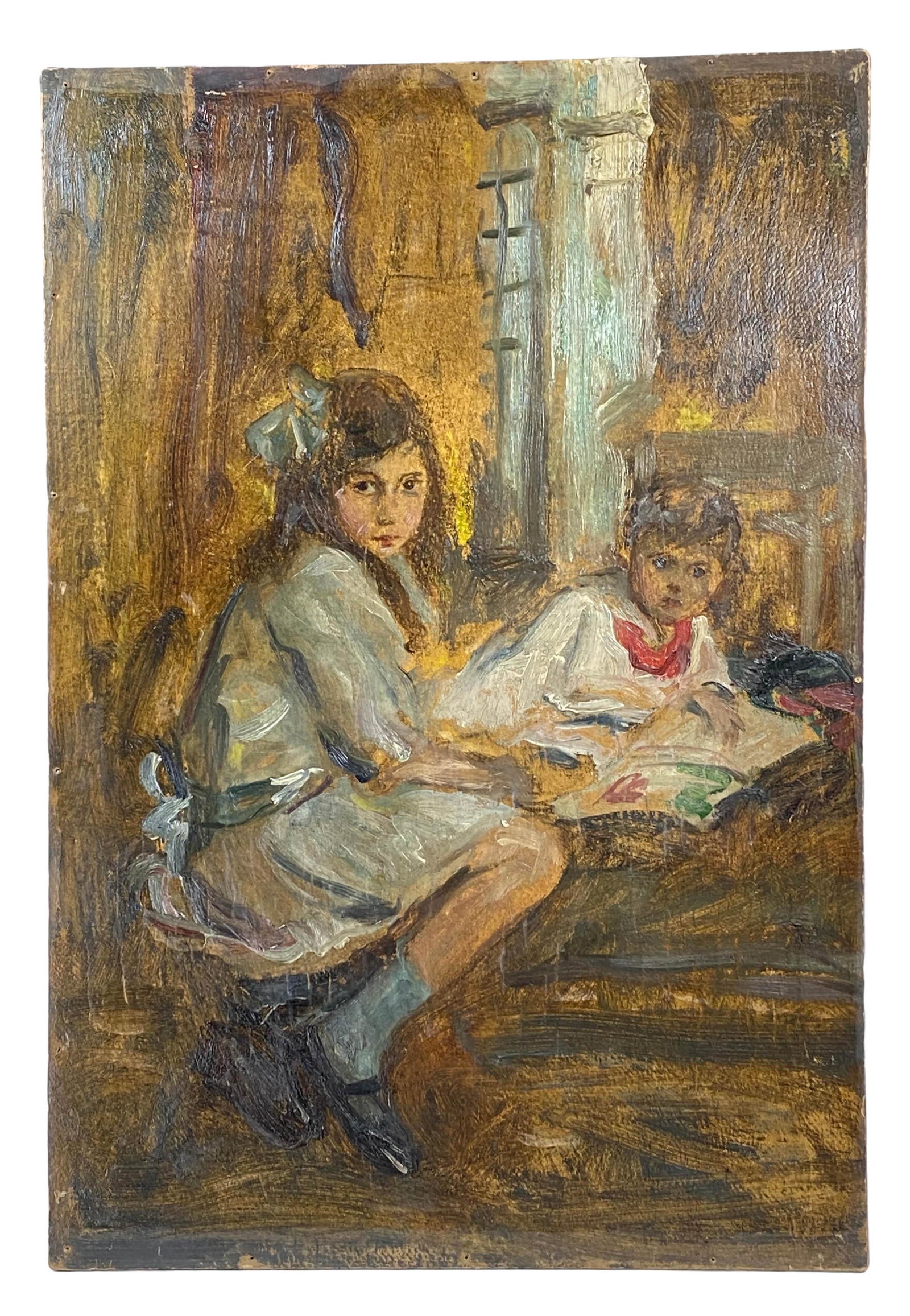 Wilhelm Viktor Krausz (1878-1959) Oil Painting: Wilhelm Viktor Krausz ( Hungarian, 1879 - 1959 ). Double side oil painting board. One side features a seated lady wearing a bonnet. Opposite side features young children. Being sold as unframed. Measu