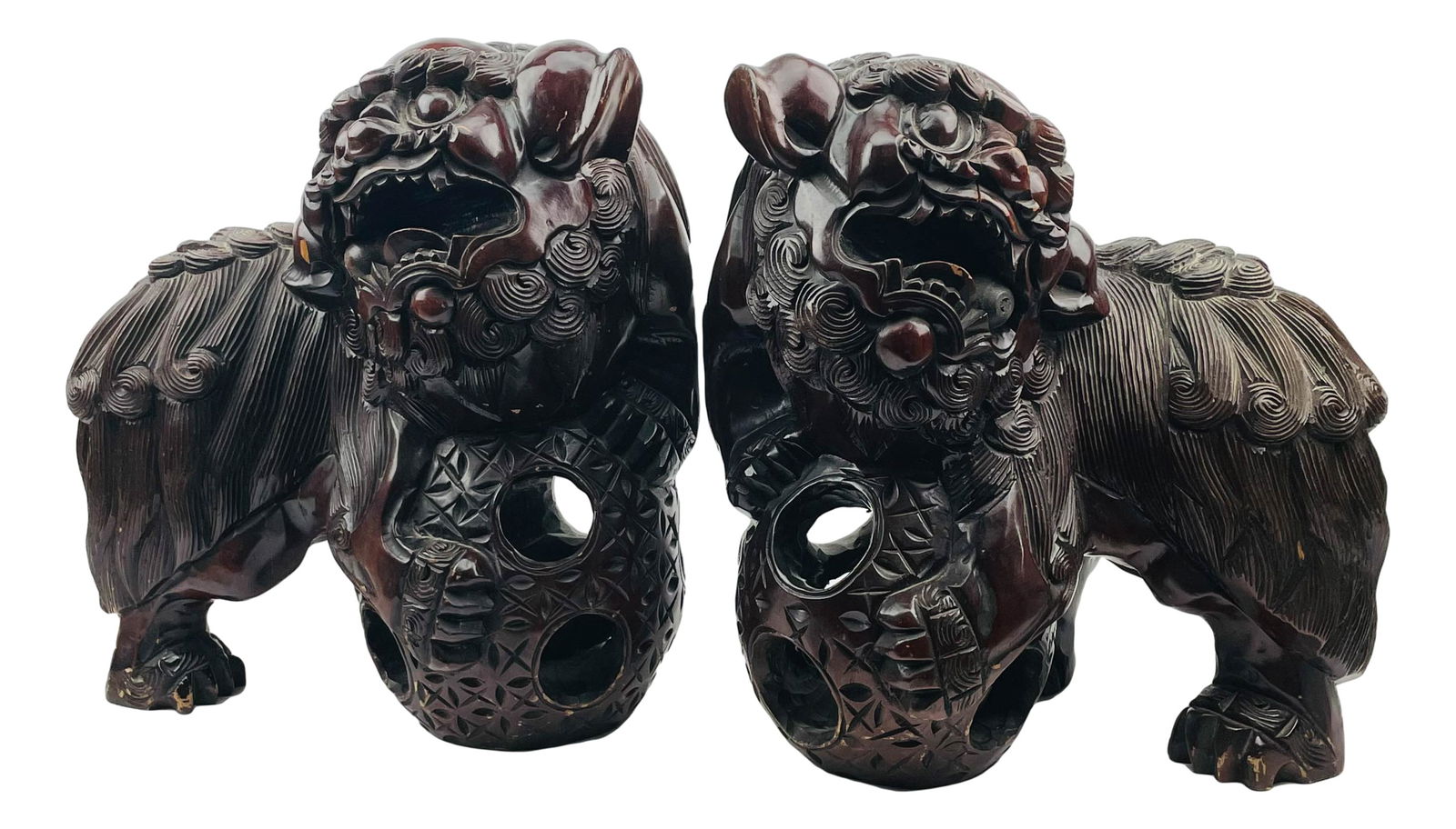 Chinese Wood Carved Vintage Pair Vintage Foo Dogs (1 of 4)
