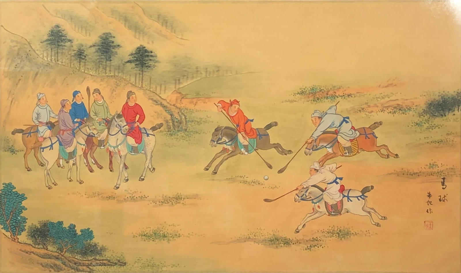 Chinese Export Polo Players Silk Scroll Painting: Old Chinese export painting on fabric scroll. Depicts players mounted on horses in a game of Polo. Signed lower right. Laid down with woven silk borders, and presented in a wooden frame. Work Size: 18