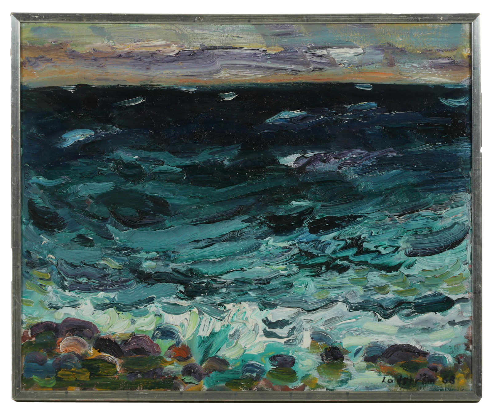 Georg Lodstrom (1915-1972) Seascape Oil Painting: Georg Lodstrom (Swedish, 1915-1972). Impressionist style subject matter depicting blue oceanic waves crashing against the rocky shore. Signed lower right and dated '68. Work Size: 19.5 x 23.75 in. Dim