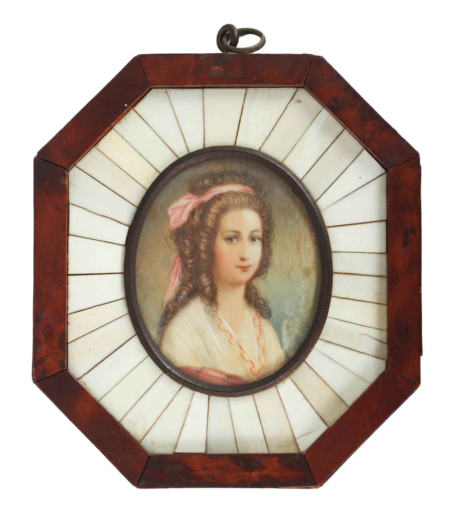 Antique Victorian Lady Miniature Portrait Painting: Late 19th early 20th century portrait painting. Depicts a fair skinned maiden with curls in her hair and wearing a pink scarf. No apparent signature. Presented in a wood and inlaid octagonal frame. Wo